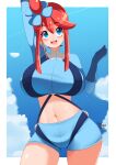  1girl blue_eyes blue_gloves blue_jacket blue_shorts breasts cropped_jacket curvy gloves hair_ornament highres jacket large_breasts midriff one_side_up pokemon pokemon_(game) pokemon_bw red_hair short_hair_with_long_locks short_shorts shorts sidelocks skyla_(pokemon) solo thigh_pouch tiger1001 turtleneck 