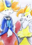  ambiguous_gender anthro blush braixen canid canine clothing delphox duo eiroru eyes_closed fox fur generation_6_pokemon hi_res inner_ear_fluff mammal nintendo open_mouth pokemon pokemon_(species) smile tuft video_games yellow_body yellow_fur 