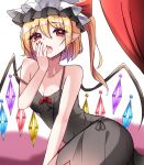  1girl alternate_costume bare_shoulders black_nightgown breasts collarbone crystal fang flandre_scarlet hair_between_eyes hat highres kiui_(dagk8254) looking_at_viewer medium_hair mob_cap multicolored_wings nail_polish nightgown open_mouth red_curtains red_eyes red_nails side_ponytail small_breasts solo touhou white_headwear wings yawning 