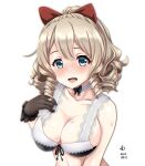  1girl artist_name black_bra black_gloves blonde_hair blue_eyes blush bow bra breasts cleavage collarbone dated drill_hair gloves hair_between_eyes hair_bow hatakaze_(kancolle) kantai_collection large_breasts medium_hair open_mouth red_bow signature simple_background solo tk8d32 underwear upper_body white_background 