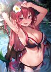  1girl :d armpits arms_up bangs bikini black_bikini blush breasts cleavage commentary_request demon_wings fang flower hair_between_eyes head_wings highres koakuma leaf long_hair looking_at_viewer medium_breasts navel open_mouth red_eyes red_hair side-tie_bikini_bottom smile solo stomach swimsuit touhou very_long_hair wading water white_flower wings wowoguni 