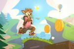  aircraft anthro antlers backpack balloon blue_sky bottomwear box brown_body brown_fur brown_nose cargo_shorts cervid clothed clothing cloud coin container darwin_(tinydeerguy) evergreen_tree footwear forest fully_clothed fur grey_bottomwear grey_clothing grey_shorts hi_res horn hot_air_balloon inflatable male mammal open_mouth outside pine_tree pink_clothing pink_shirt pink_t-shirt pink_topwear plant platformer red_clothing red_footwear red_shoes sea ship shirt shoes shorts sky smile sneakers solo star t-shirt tan_body tan_fur teeth_showing tinydeerguy tongue_showing topwear tree vehicle video_games water watercraft 