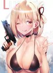  1girl :p ;q alternate_breast_size bikini black_bikini black_choker blonde_hair breasts choker cleavage gun hair_ribbon handgun hands_up highres holding holding_gun holding_weapon huge_breasts lycoris_recoil nishikigi_chisato one_eye_closed one_side_up orange_eyes red_ribbon ribbon short_hair silly_(marinkomoe) solo swimsuit tongue tongue_out trigger_discipline upper_body w weapon weapon_request 