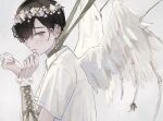  1boy angel angel_wings black_hair bone bound bound_wrists collared_shirt crying ear_piercing facing_to_the_side flower grey_eyes head_wreath looking_at_viewer male_focus niufog open_mouth original piercing shirt short_hair short_sleeves solo white_shirt wings 
