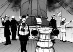 anthro binoculars deer deer_admiral_(hladilnik) flag flag_(object) greyscale group hi_res hladilnik male mammal monochrome navy_uniform sailor_uniform semaphore ship solo_focus vehicle watercraft