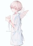  1boy absurdres angel angel_wings bandages blood blush bound bound_wrists highres hospital_gown looking_at_viewer male_focus mio_(niufog) niufog original parted_lips pink_eyes pink_hair short_hair short_sleeves solo wings 