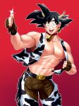  1boy abs animal_ears animal_print bara bare_pectorals black_hair brown_gloves brown_pants carless_(ppanic) chinese_zodiac cow_boy cow_ears cow_horns cow_print dragon_ball dragon_ball_z gloves gradient gradient_background highres horns large_pectorals male_focus muscular muscular_male navel nipples open_clothes open_mouth open_vest pants pectorals short_hair simple_background smile solo son_goku spiked_hair thumbs_up vest year_of_the_ox 