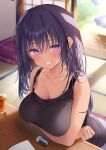  1girl arms_under_breasts bangs bare_arms bare_shoulders black_tank_top blurry blurry_background blush breasts cleavage commentary_request crossed_arms cup day depth_of_field drink drinking_glass eraser grin hair_between_eyes highres indoors long_hair looking_at_viewer medium_breasts navy_(navy.blue) original purple_eyes purple_hair smile solo tan tank_top 