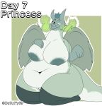  4_arms absurd_res anthro belly big_breasts big_butt breasts butt chubby_female dragon dragon_princess_iii female genitals green_body green_scales hand_on_breast hi_res looking_down multi_arm multi_limb princess pussy royalty scales simple_background solo thefluffyrey69 thick_thighs towergirls wings 