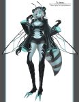  1girl antennae arthropod_girl black_sclera blue_eyes breasts cleavage cleavage_cutout clothing_cutout colored_sclera colored_skin commission extra_eyes fingernails grey_hair grey_skin hands_up highres hood hood_up insect_wings large_breasts long_sleeves looking_at_viewer monster_girl original ruteko_(ruko220) sharp_fingernails shrug_(clothing) simple_background skeb_commission smile tail white_background wings 
