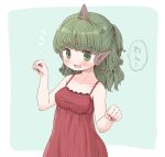  1girl alternate_costume arinu blush border camisole collarbone commentary_request green_eyes green_hair highres horns komano_aunn long_hair open_mouth red_camisole single_horn smile solo speech_bubble touhou translation_request upper_body white_border 