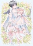  2boys absurdres angel angel_wings ballet_slippers black_hair blue_background blue_eyes blue_flower flower head_wreath highres long_hair looking_at_viewer male_focus mio_(niufog) multiple_boys niufog original pink_eyes pink_flower pink_hair rose shirt short_hair very_long_hair white_shirt wings yaoi yori_(niufog) 