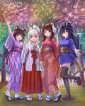  4girls :d absurdres aerial_fireworks animal_ear_fluff animal_ears arm_up bangs black_footwear black_hair black_thighhighs blue_kimono blush bow breasts brown_footwear brown_hair cat_ears closed_mouth commentary_request fang fang_out fireworks folded_ponytail fox_ears fox_girl fox_mask fox_shadow_puppet fox_tail hair_between_eyes hair_bow hair_ornament hairclip hakama hakama_skirt highres holding_hands iroha_(iroha_matsurika) japanese_clothes kimono koyoi_(iroha_(iroha_matsurika)) kunoichi-chan_(iroha_(iroha_matsurika)) long_sleeves looking_at_viewer mask mask_on_head medium_breasts miko multiple_girls mutsuki_(iroha_(iroha_matsurika)) night night_sky obi original outdoors ponytail print_kimono purple_eyes red_bow red_hakama sash short_kimono skirt sky smile socks standing standing_on_one_leg tabi tail thank_you thighhighs twitter_username white_hair white_kimono white_socks wide_sleeves wolf_ears wolf_girl wolf_tail x_hair_ornament yagasuri zouri 