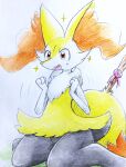  2022 ambiguous_gender anthro blush braixen canid canine eiroru fox fur generation_6_pokemon hi_res inner_ear_fluff mammal nintendo open_mouth orange_eyes pokemon pokemon_(species) simple_background smile solo tuft video_games yellow_body yellow_fur 