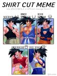  1boy abs absurdres arm_behind_head armor bara belt black_belt black_hair black_tank_top blue_bodysuit bodysuit breasts broken_armor brown_pants carless_(ppanic) chest_armor closed_eyes closed_mouth clothes_lift dougi dragon_ball dragon_ball_gt dragon_ball_z food gloves highres holding holding_food large_pectorals lifted_by_self male_focus meme muscular muscular_male navel nipples one_eye_closed open_mouth pants pectorals popsicle red_shirt saiyan_armor shirt shirt_cut_(meme) shirt_lift short_hair sideboob smile son_goku spiked_hair tank_top teeth torn_bodysuit torn_clothes twitter_username underboob white_gloves wristband 