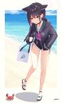  1girl absurdres animal_ears bag bangs bare_legs beach bikini bikini_bottom_only black_choker black_hair black_jacket blue_archive blush border cat_ears choker colored_inner_hair cooler crab day drawstring extra_ears full_body halo hand_in_pocket highres hood hooded_jacket jacket kazusa_(blue_archive) long_sleeves looking_down multicolored_hair neckerchief no_pants ocean outdoors pink_hair pink_neckerchief red_eyes sandals short_hair shoulder_bag side-tie_bikini_bottom sidelocks signature solo standing standing_on_one_leg string_bikini swimsuit toes white_bikini white_border yata_mawari 