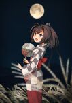  1girl akizuki_(kancolle) annin_musou black_hair black_headband blush checkered_clothes checkered_kimono clothes_writing full_moon grey_eyes hachimaki hand_fan headband highres holding holding_fan japanese_clothes kantai_collection kimono long_hair long_sleeves moon obi official_alternate_costume open_mouth paper_fan ponytail sash smile solo uchiwa wide_sleeves 