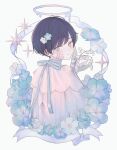  1boy absurdres bandaid bandaid_on_cheek bandaid_on_face black_hair blue_eyes blue_flower blue_theme closed_mouth flower halo highres lily_of_the_valley long_sleeves looking_at_viewer looking_back male_child male_focus melting_halo nemophila_(flower) niufog original shirt smile solo star_(symbol) white_background white_shirt 