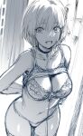  1girl arms_behind_back bra breasts cleavage commentary english_commentary hair_between_eyes hair_ribbon hews highres large_breasts leash looking_at_viewer lycoris_recoil monochrome navel nishikigi_chisato open_mouth panties ribbon short_hair sketch solo thighhighs underwear 