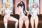  3girls anus ass black_hair blonde_hair covered_nipples fuooooo gloves green_eyes hairband hazuki_ren heanna_sumire highres leotard long_hair looking_back love_live! love_live!_superstar!! multiple_girls navel nipples ponytail pussy see-through short_hair tang_keke thighhighs translation_request white_gloves white_hairband white_thighhighs wrist_cuffs 