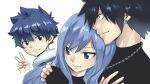  1girl 2boys black_hair black_shirt blue_eyes blue_hair chain_necklace closed_mouth cropped_torso earrings fairy_tail family father_and_son gray_fullbuster greige_(fairy_tail) hand_on_another&#039;s_shoulder highres hug jewelry juvia_lockser mashima_hiro mother_and_son multiple_boys necklace official_art shirt simple_background single_earring v white_background 