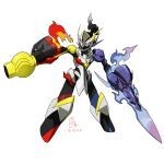  arm_blade arm_cannon armarouge blue_fire bright_pupils ceruledge dated digimon fakemon fire fusion highres looking_to_the_side omegamon parody pokemon pokemon_(game) pokemon_sv pravin_rao_santheran purple_eyes solo weapon white_background white_pupils 