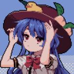  1girl ahiru_tokotoko bangs bird black_headwear blue_background blue_hair bow bowtie closed_mouth duck food fruit hinanawi_tenshi leaf long_hair peach red_bow red_bowtie red_eyes short_sleeves solo touhou upper_body 