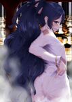  1girl architecture ass blue_hair blush breasts butt_crack covered_nipples east_asian_architecture highres indica long_hair looking_at_viewer nape ponytail profile see-through small_breasts solo steam touhou very_long_hair wet wet_clothes yorigami_shion 