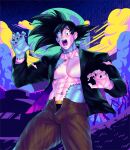  1boy abs bara bare_pectorals black_hair black_jacket black_nails black_pants carless_(ppanic) colored_skin cosplay dragon_ball dragon_ball_z frankenstein&#039;s_monster frankenstein&#039;s_monster_(cosplay) grey_skin halloween_costume highres jacket large_pectorals looking_at_another male_focus male_underwear male_underwear_peek muscular muscular_male navel open_clothes open_jacket open_mouth open_pants pants pectorals short_hair solo son_goku spiked_hair stitches underwear 