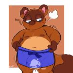  2022 animal_crossing anthro apron balls belly blue_eyes canid canine clothing flowerpax genitals male mammal navel nintendo nipples overweight overweight_male paxxfront raccoon_dog simple_background solo tanuki text tom_nook_(animal_crossing) video_games 