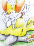  2022 ambiguous_gender anthro blush braixen canid canine duo eiroru fennekin fox fur generation_6_pokemon hi_res inner_ear_fluff mammal nintendo open_mouth orange_eyes pokemon pokemon_(species) shocked simple_background tuft video_games yellow_body yellow_fur 