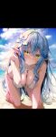  1girl ahoge all_fours bangs beach bikini blue_hair blush breasts cleavage closed_mouth cloud colored_tips elf flower front-tie_bikini_top front-tie_top hair_between_eyes hair_flower hair_ornament heart heart_ahoge highres hololive jewelry kubota_masaki large_breasts long_hair looking_at_viewer multicolored_hair necklace ocean pointy_ears side-tie_bikini_bottom sky solo streaked_hair swimsuit very_long_hair virtual_youtuber yellow_eyes yukihana_lamy 
