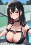  1girl absurdres amane_sora arm_strap bangs bikini black_bikini black_choker black_hair blush breast_rest breasts choker cleavage colored_inner_hair day earrings hair_between_eyes halterneck highres jewelry large_breasts long_hair looking_at_viewer mole mole_under_mouth multicolored_hair original parted_lips pool red_eyes red_hair solo swimsuit upper_body wet 