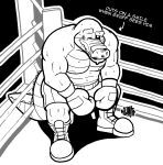  2021 alligator alligatorid anthro blood bodily_fluids bottomwear boxing_gloves boxing_shorts brok_(character) brok_the_investigator clothing crocodilian english_text fighting_ring handwear hi_res hunter-husky male musclegut nipples one_eye_closed reptile scalie shorts sitting solo text video_games 