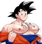 1boy bara bare_pectorals black_hair body_writing carless_(ppanic) closed_mouth clothes_pull dougi dragon_ball dragon_ball_z highres large_pectorals looking_at_viewer male_focus muscular muscular_male nipples pectorals short_hair simple_background smile solo son_goku spiked_hair upper_body white_background wristband 
