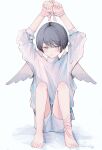  1boy absurdres angel angel_wings barefoot black_hair blue_eyes blush bound bound_wrists highres long_sleeves looking_at_viewer male_focus niufog original parted_lips pink_ribbon ribbon shirt short_hair shorts solo white_shirt white_shorts wings yori_(niufog) 