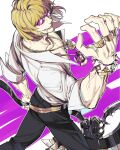  1boy absurdres axe bangs black_pants blonde_hair bracelet commentary_request fate/grand_order fate_(series) feet_out_of_frame flooog gold gold_belt gold_bracelet gold_necklace highres holding holding_axe holding_weapon jewelry long_sleeves looking_back male_focus multicolored_background multiple_bracelets multiple_necklaces multiple_rings muscular muscular_male necklace pants partially_unbuttoned pectoral_cleavage pectorals purple-tinted_eyewear ring sakata_kintoki_(fate) shirt short_hair sleeves_rolled_up smile smoke smoking solo spiked_bracelet spikes sunglasses teeth tinted_eyewear two-tone_background veins weapon white_shirt 