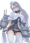  1girl absurdres black_gloves black_panties clothes_writing cowboy_shot fei_(feikotake) from_below fuyutsuki_(kancolle) gloves grey_eyes grey_hair grey_neckerchief grey_shawl grey_skirt grey_thighhighs half_gloves hat headband highres kantai_collection long_hair machinery microskirt mini_hat neckerchief one_side_up panties sailor_collar school_uniform serafuku shawl simple_background skirt solo thighhighs underwear white_background white_headband white_neckerchief white_sailor_collar 