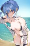  1girl armpit_crease bangs bare_shoulders beach bikini black_bikini blue_eyes blue_hair blue_scrunchie blue_sky choker collarbone commentary_request day earrings hair_between_eyes hair_ornament hair_scrunchie highres hololive hoshimachi_suisei jacket jewelry leaning_forward looking_at_viewer micro_bikini navel ocean off_shoulder oimo_0imo open_mouth outdoors sand scrunchie side_ponytail sky smile solo standing star_(symbol) star_earrings star_in_eye stomach sunlight swimsuit symbol_in_eye thigh_gap thigh_strap virtual_youtuber water white_jacket 