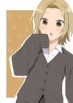  1girl blonde_hair grey_sweater hand_up highres hori-san_to_miyamura-kun looking_at_viewer myulea_illust open_mouth short_hair simple_background sleeves_past_fingers sleeves_past_wrists solo standing sweater upper_body yoshikawa_yuki_(hori-san_to_miyamura-kun) 