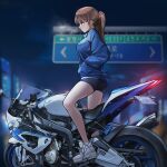  1girl absurdres bike_shorts black_shorts blue_jacket blurry blurry_background bmw_s1000rr brown_eyes brown_hair ground_vehicle highres jacket license_plate long_hair long_sleeves motor_vehicle motorcycle night original ponytail profile road_sign shoes shorts sign sneakers solo standing white_footwear yeong_n_r6 