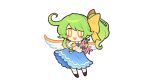  1girl :3 :d blue_dress bow bright_pupils chibi daiyousei dress flower full_body green_hair hair_bow highres one_side_up open_mouth simple_background smile solo touhou white_background white_pupils wings yatsunote yellow_bow 