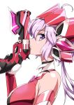  1girl absurdres ahoge bangs black_gloves breasts from_side gloves gun hair_between_eyes handgun highres holding holding_gun holding_weapon jiguang_zhi_aoluola large_breasts long_hair parted_lips pink_hair profile senki_zesshou_symphogear shiny shiny_hair shiny_skin solo two-tone_gloves upper_body weapon white_gloves yukine_chris 