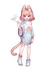  1girl :d animal_ear_fluff asymmetrical_legwear bangs blonde_hair blue_hair cat cat_girl cat_tail cigarette clothes_writing highres holding holding_cigarette lingxia mismatched_legwear mole mole_under_eye multicolored_hair original pink_eyes pink_hair print_shirt shirt short_hair shorts smile smoke socks solo streaked_hair tail thick_eyebrows white_shorts white_socks wide_sleeves 