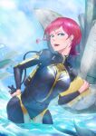  1girl :d absurdres asymmetrical_hair black_bodysuit blue_eyes bodysuit braid breasts breasts_apart day dolphin floating_hair hand_on_hip highres medium_breasts onshigou open_mouth original outdoors red_hair shiny shiny_hair short_hair single_braid smile solo standing wading wetsuit 