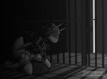 anthro bdsm bodily_fluids body_writing bound chastity_cage chastity_device gimp_mask helpless latex male mask monochrome muzzle_(object) restraints sex_toy solo straitjacket stripedcrocodile struggling sybian tears