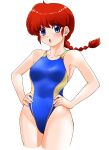  1girl absurdres blue_eyes blue_one-piece_swimsuit braid braided_ponytail chestnut_mouth collarbone cowboy_shot hands_on_hips highleg highleg_swimsuit highres long_hair looking_at_viewer nanao_futaba ranma-chan ranma_1/2 red_hair simple_background single_braid solo swimsuit white_background 