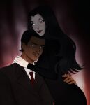  1boy 1girl addams_family artist_name black_dress black_hair blurry blurry_background closed_mouth commentary couple dark-skinned_male dark_skin dress facial_hair gittanart gomez_addams highres hug long_hair long_sleeves looking_at_viewer morticia_addams mustache pale_skin red_lips short_hair striped_clothes suit vertical-striped_clothes 