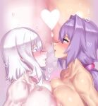 2girls absurdres areola_slip blue_eyes blush breast_press breasts censored collarbone colored_eyelashes completely_nude from_side grey_hair heart heart_censor highres large_breasts long_hair looking_at_another low_ponytail mizuumi_(bb) multiple_girls nude original parted_lips profile purple_hair red_eyes short_hair_with_long_locks sidelocks smile sweat symmetrical_docking upper_body yuri 