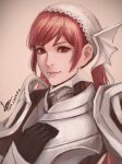  1girl armor bangs black_gloves breastplate brown_eyes cherche_(fire_emblem) cm_lynarc fire_emblem fire_emblem_awakening gloves grey_background highres long_hair looking_at_viewer pauldrons red_hair shoulder_armor simple_background solo upper_body 